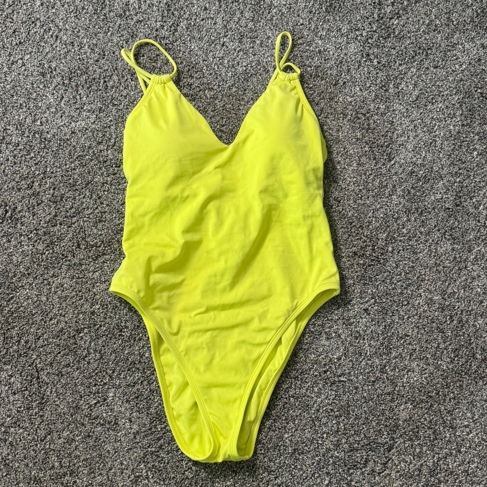 Shade & Shore Bright Yellow Lace Up Back One Piece Swimsuit Women Medium